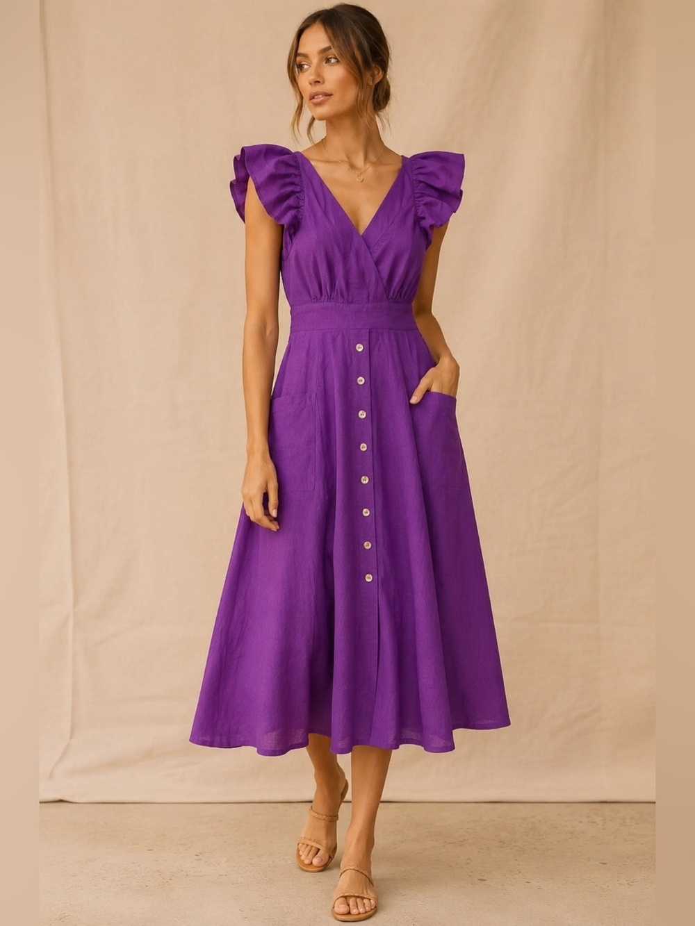 Happy x Nature Dress XS Purple Linen Blend Ruffle Sleeve Button Front Midi Boho